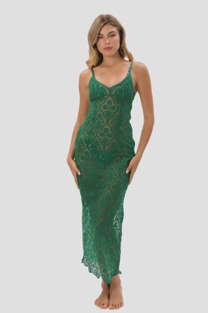 Jade Midi Ruffled Dress / Emerald Lace