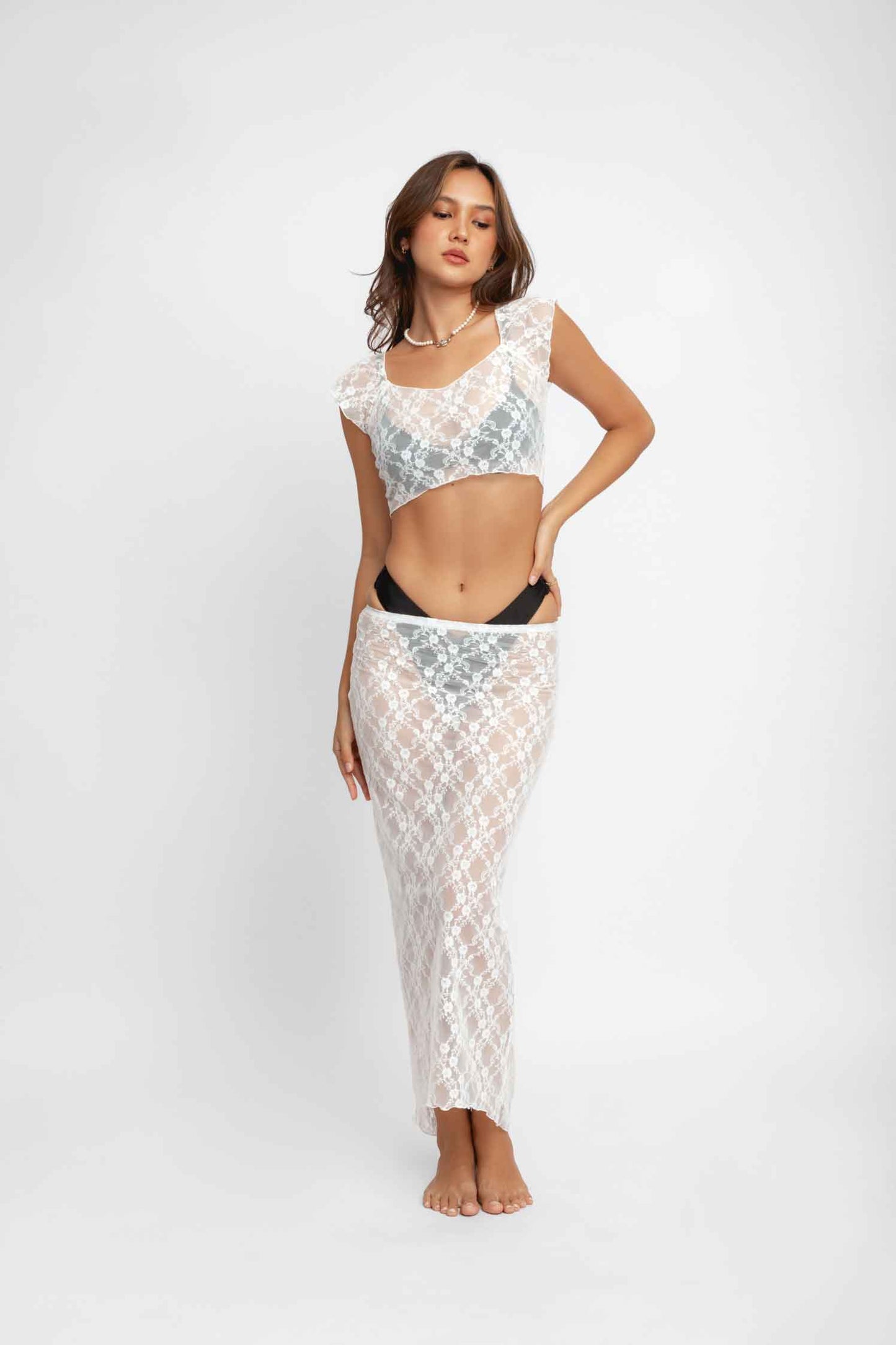 Lucia Crop Top and Midi Skirt Set / White Lace
