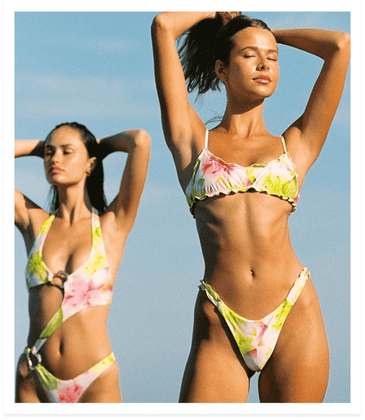 Left: Inola One Piece / Aruba, Right: Darby Top and Darby Bottoms / Aruba