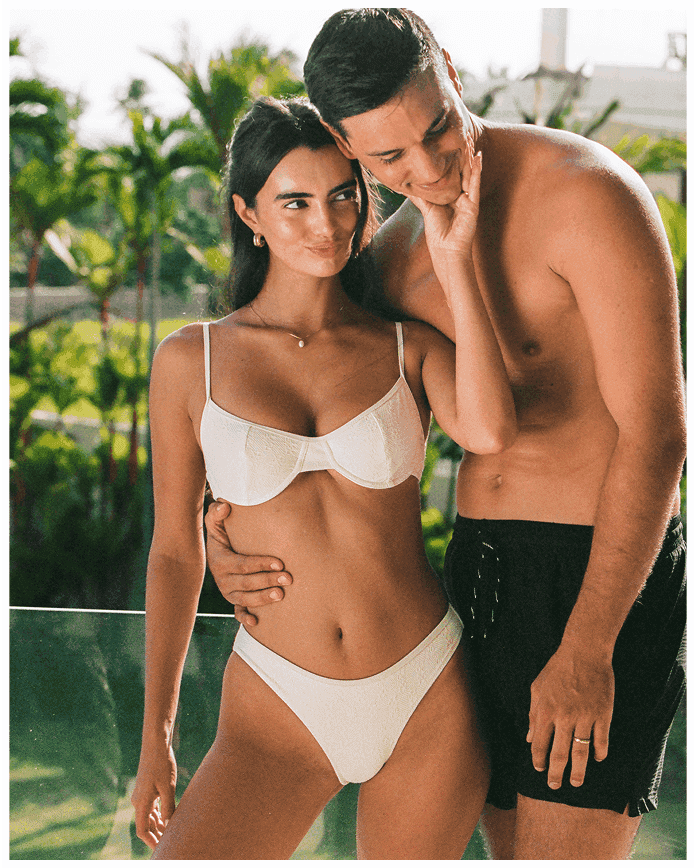 Left: Fiona Top & Fiona Bottoms in Vanilla Rum Jacquard, Right: Men's Shorts in Black